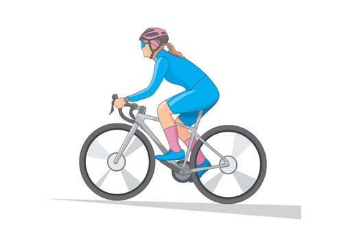 Woman in blue cycling clothes riding from side view vector illustration