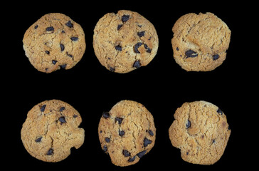 Chocolate chip cookies isolated on black background