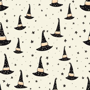 A pattern of witches hats and stars. Digital image. Seamless pattern.