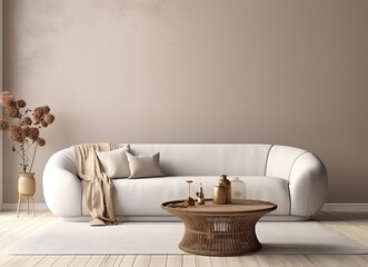 Wall mockup within a Scandi-Boho living room interior, 3D render. Created with Generative AI technology