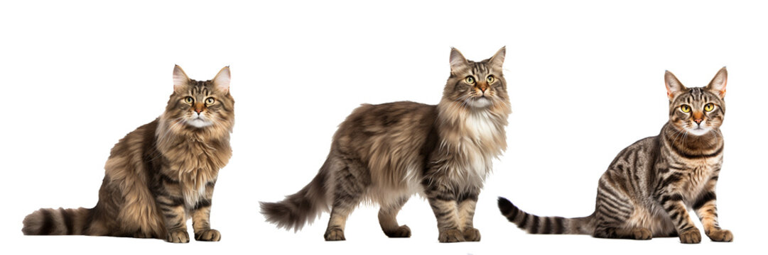 set of 3 cats isolated white background, whitout background