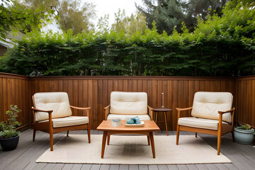 classic scandinavian mid century modern wood and leather chairs. scandynavian backyard terrace