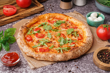 Baking paper with tasty pizza Margarita and bowl of mozzarella on dark table