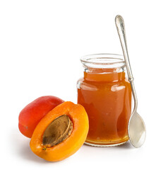 Jar with sweet apricot jam on white background