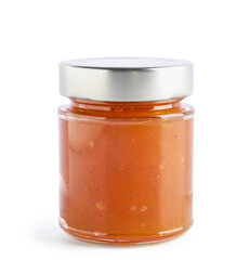 Jar with sweet apricot jam on white background