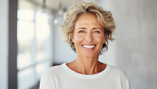 Smiling and elegant middle-aged woman conveying happiness and health to future generation longevity.