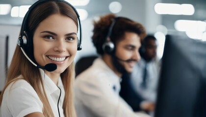 Happy young woman in call center with headset and CRM