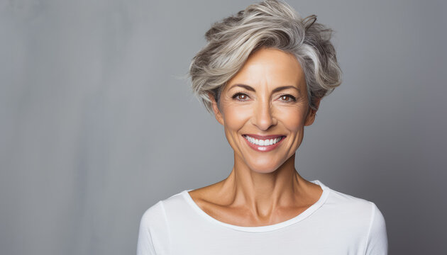 Smiling and elegant middle-aged woman conveying happiness and health to future generation longevity.