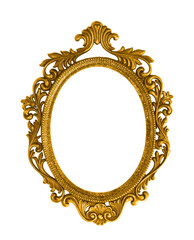 Golden oval baroque style picture frame isolated cutout on transparent