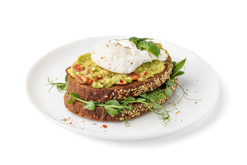 Plate of tasty sandwich with egg on white background