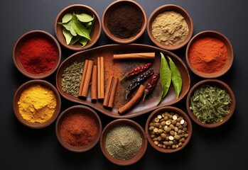 Fototapeta na wymiar Sensory Spice Adventure Exploring Flavors on the Table Culinary Kaleidoscope A Colorful Array of Spices on the Table