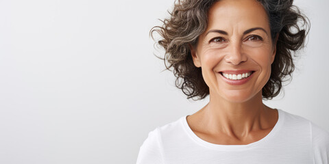 Smiling and elegant middle-aged woman conveying happiness and health to future generation longevity.
