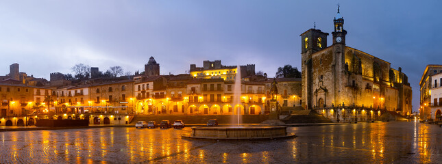 Illuminated Plaza Mayor in evening. Trujillo, Province of Caceres, Spain.