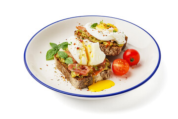 Plate of tasty sandwiches with egg on white background