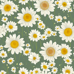 Green Wallpaper with White Flowers, Daisies, Seamless