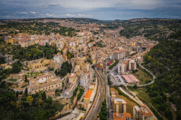 Obraz premium Aerial panoramic view of Modica city on Sicily, Italy. June 2023