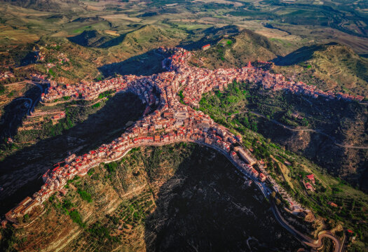 Aerial panoramic view of a beautiful Italian mountain town Centuripe, Sicily, Italy, Europe. June 2023