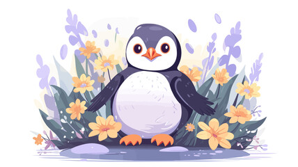 Vector illustration of a cute penguin in a field of flowers