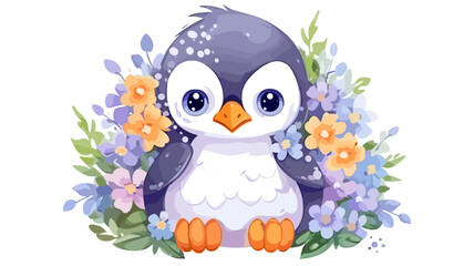 Vector illustration of a cute penguin in a field of flowers