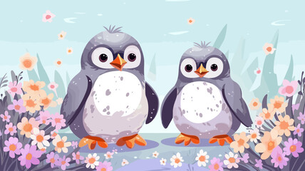 Vector illustration of a cute penguin in a field of flowers