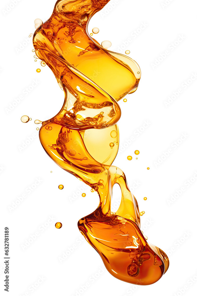 Poster flowing honey amber splash frozen in an abstract futuristic 3d texture isolated on a transparent bac