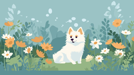 Vector illustration of a cute dog in a field of flowers