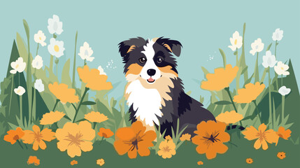 Vector illustration of a cute dog in a field of flowers