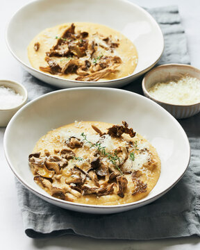 Two Bowls of Polenta with Roasted Oyster Mushrooms