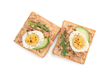 Delicious sandwiches with tuna, greens, cucumber, boiled egg and spices on white background, top view