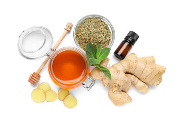 Natural cold remedies on white background, top view. Cough treatment