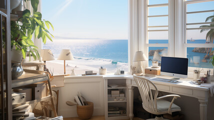 Seaside Serenity: Shabby Chic Corner Office on 5th Story Apartment, Bathed in Sunshine, Overlooking Ocean View from Desk