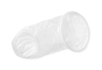 Unrolled female condom isolated on white, top view. Safe sex - obrazy, fototapety, plakaty