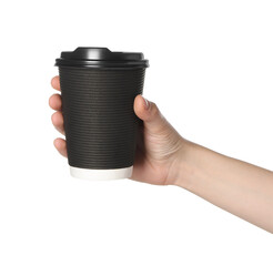 Woman holding paper cup of tasty drink on white background. Coffee to go