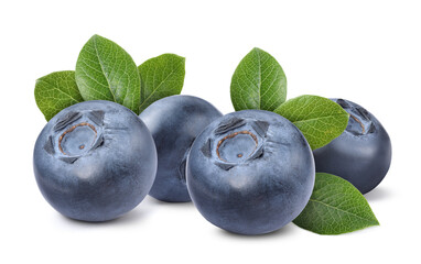 Fresh ripe blueberries with green leaves isolated on white