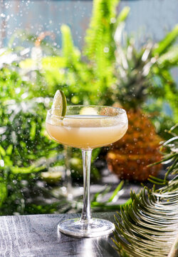 Summer cocktail pineapple daiquiri with vodka, pineapple juice, frozen motion and flying drops. Tropical background with palm leaves