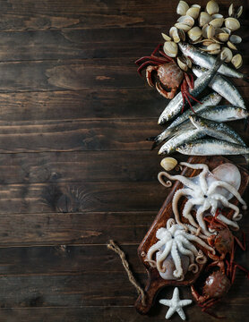 Seafood board with crabs, sardines and clams, fish and octopus on a dark wooden background. Top view, close up