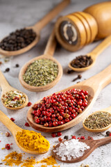Various spices and seasonings in wooden spoons.