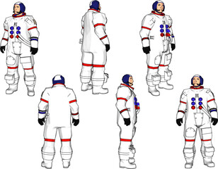 Vector sketch illustration of space station satellite astronaut in spacesuit