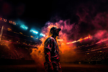 Photorealistic illustration of baseball player in a nighttime stadium with dramatic lighting and smoke.
This image was created using AI generative technology.	 - obrazy, fototapety, plakaty