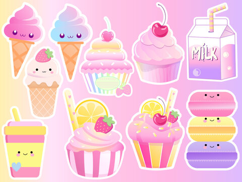 kawaii set sticker layout fruit,  cute cartoon food and fruit , cupcakes macaroni, ice cream, soft pink color, pastel color stickers 