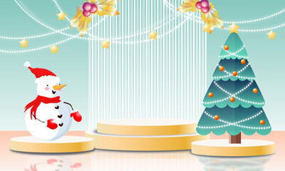 3d product podium, merry Christmas color background, with empty space, snowman, xmas tree, stars