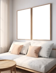 Fototapeta na wymiar Home mockup features a frame in an interior background, with the room decorated in light pastel colors, presented as a 3D render. Created with Generative AI technology