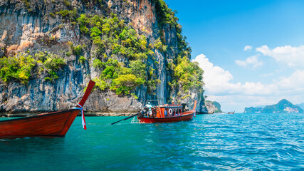 Amazed nature scenic landscape Lao lading island sea beach with boat for traveler, Attraction famous place tourist travel Krabi Phuket Thailand summer vacation trip, Tourism beautiful destination Asia