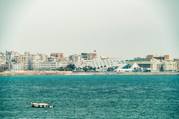 Coastline of Alexandria with Library of Alexandria, Egypt