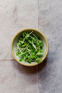 Flatlay of a small bowl of watercress on a tiled surfacea