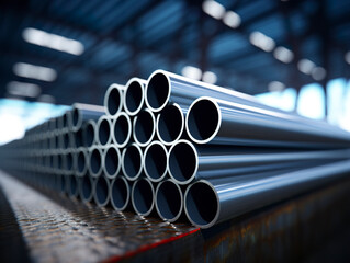 A composition of gray industrial steel pipes separated for delivery. Steel tubes with textures and robust lines against a blurred background. Generative AI