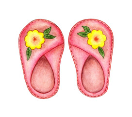 Watercolor illustration of pink baby booties with yellow flowers. Newborn, hello, baby, toddler, toddler, poster, nursery decor, greeting card, invitation card, baby shower, birthday.