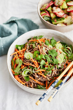 Miso tahini soba noodles with cucumber, radish and sesame seeds salad
