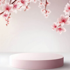 blank empty podium zen style with sakura decoration background.generative AI