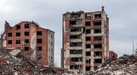 ruined building by big earthquake with rubble